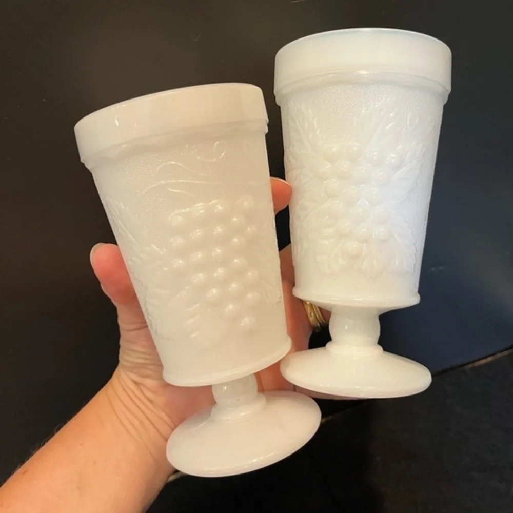 Vintage White Milk Glass Footed Goblets w/ Harvest Grapes Design Set of Two 6